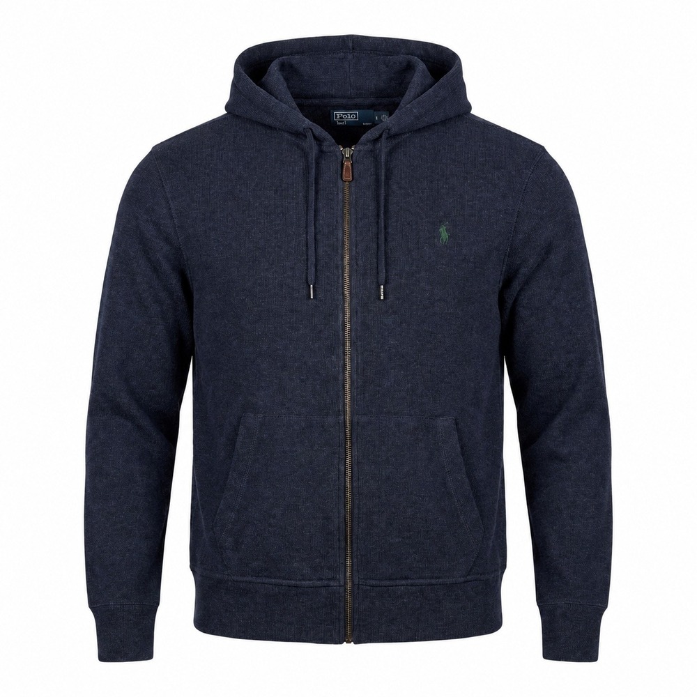 VTG Polo Ralph Lauren Knit Sweater Full Zip Hoodie Navy XL Leather Zip Preppy